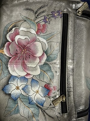 Anuschka Hand Painted Leather Crossbody Bag Silver Floral Bird in a branch purse