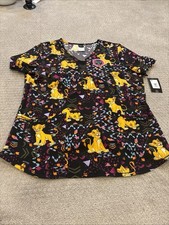 Disney Lion King V-Neck Scrub Top Black W/ All Over Simba Print Sz M New w/ Tags
