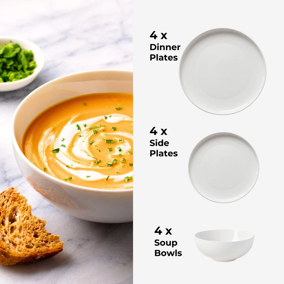 Gourmet Kitchen 12 Pieces Dinner Set Coupe Shape For 4 Person Gloss Glaze White - image 3 of 4