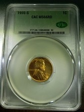 Lot Of 5 1955s Lincoln Wheat Pennys Cac Ms66rd Blazing Red Pennys Perfect Slabs