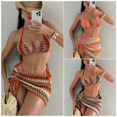3Piece Wave Print Halter Bikini Set With Drawstring Cover Up Skirt WomenSwimsuit