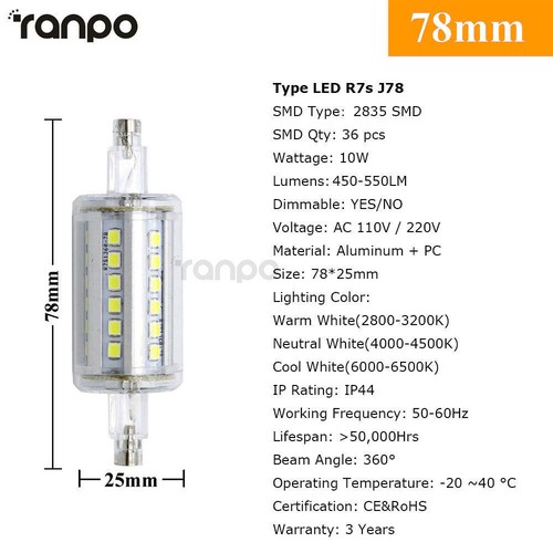 Dimmable R7S LED Flood Light Corn Bulb 110V 220V Replaces Halogen J78 J118 J135 - Picture 11 of 14