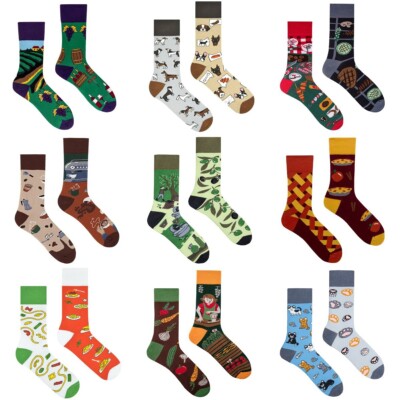 SOCKS丨New Asymmetric Cartoon Jacquard Mid-calf Cotton Socks Creative AB Socks