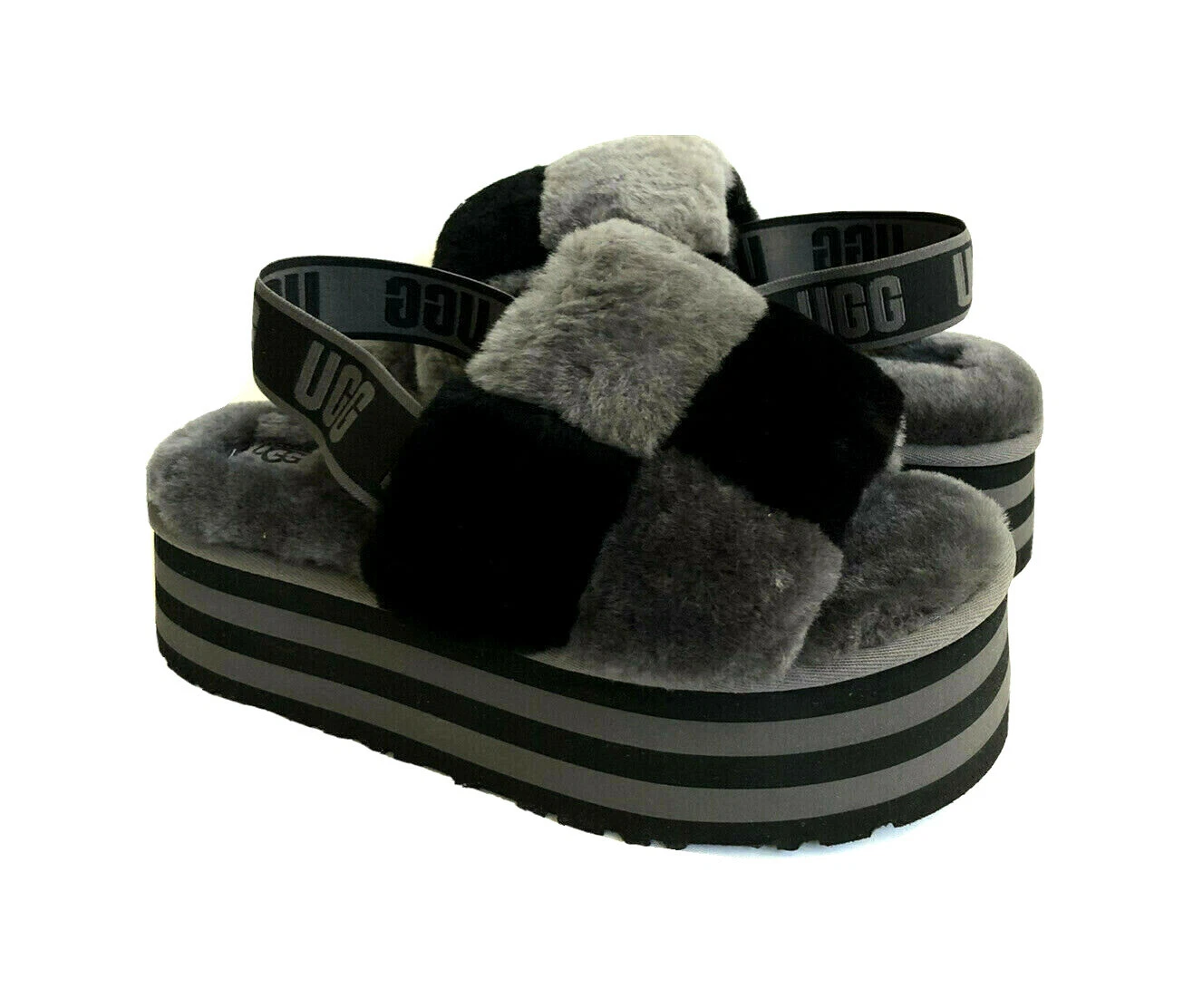 SANDALO UGG FLUFF YEAH DISCO CHECKER SLIDE NERO GRIGIO SCURO US 9 EU 40 REGNO UK 7