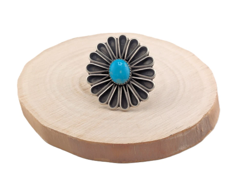 Anillo Navajo Kingman Turquesa Plata Esterlina Hecho a Mano Firmado Joyería Ajustable Foto 4 de 4