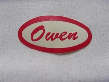 OWEN USED ALL SILK SCREEN  SEW  ON NAME PATCH TAGS OVAL RED ON WHITE