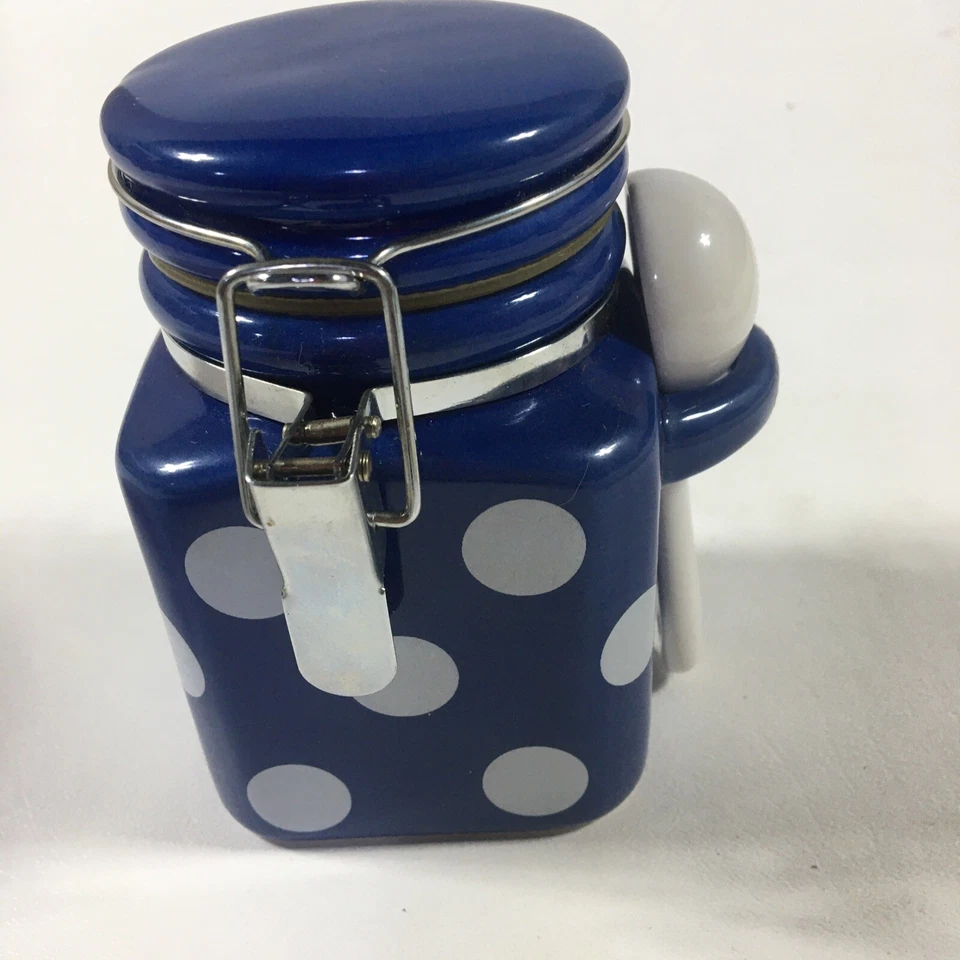Tarro y cuchara "Esmeralda" - Azul Blanco Cerámica Mermelada Jalea Miel Azúcar - Polkadot Foto 4 de 4
