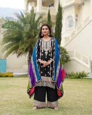 Black Color Heavy Pure Chinnon Silk Designer Palazzo Suit With Dupatta For Party