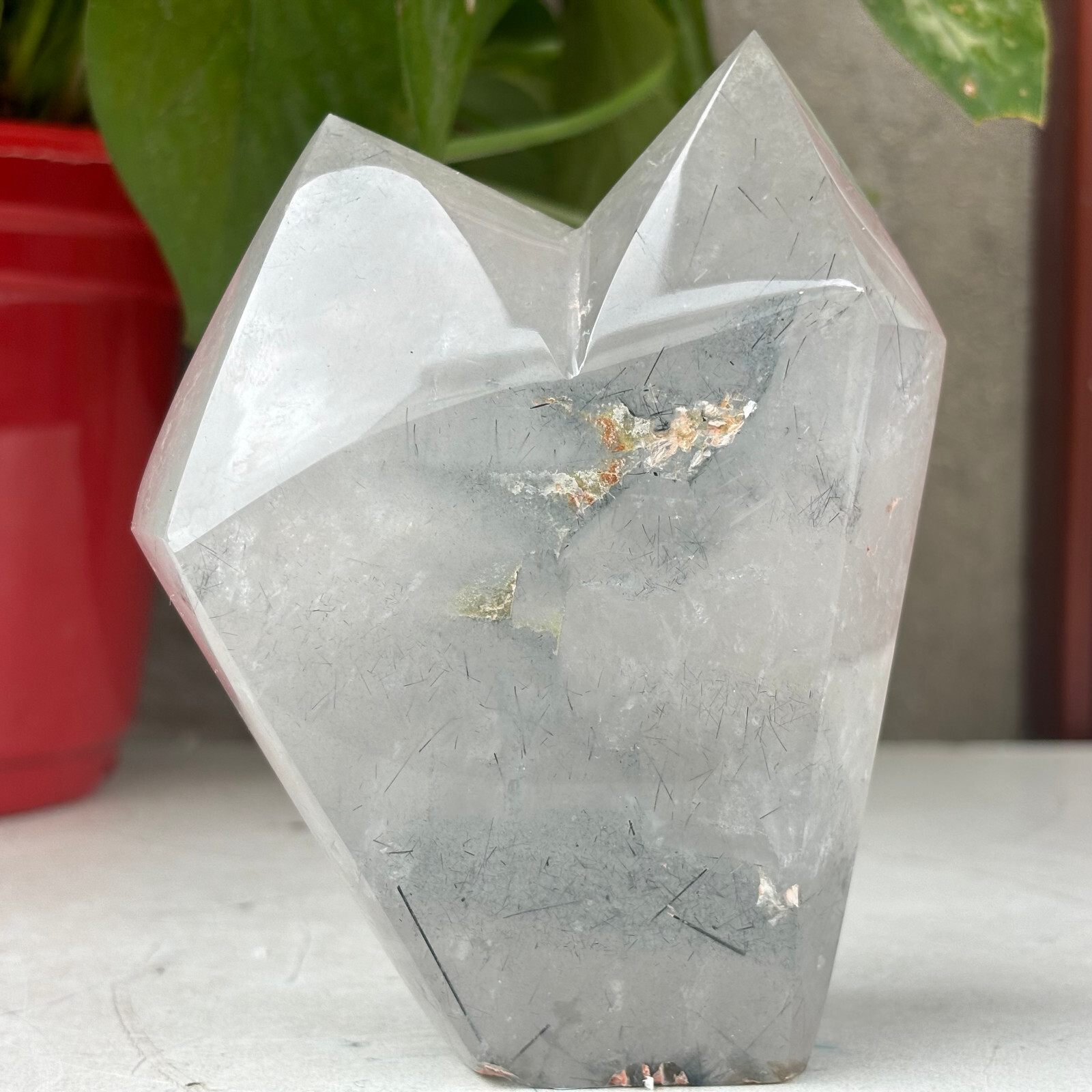 509g Natural Black Hair Quartz Double Point Obelisk Quartz Cystal Wand Tower