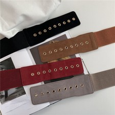 Women Faux Suede Wide Belt Buckle Retro Style Elastic Waistband Overcoat Decor