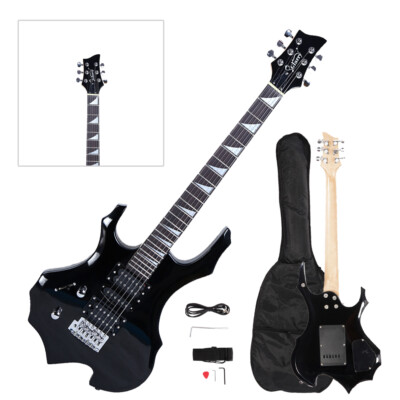 Glarry Black Flame Left-Handed 6 Strings Electric Guitar with Bag Strap Tools