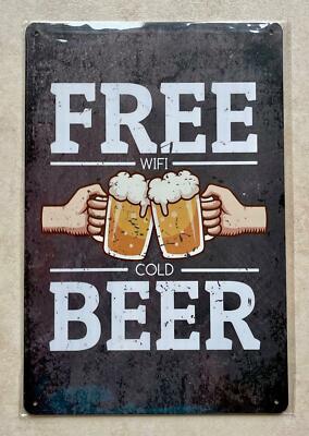 GRATIS WLAN KÜHLES BIER BLECHSCHILD MANN HÖHLE GARTEN HAUS BAR PARTY GESCHENK 20x30cm