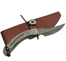 Rite Edge USA Fixed Knife 4" Damascus Steel Skinner Blade Horn/Turquoise Handle