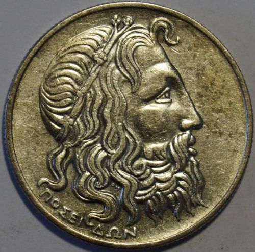 Greece 1930 20 Drachma Poseidon .500 Silver AU / Almost