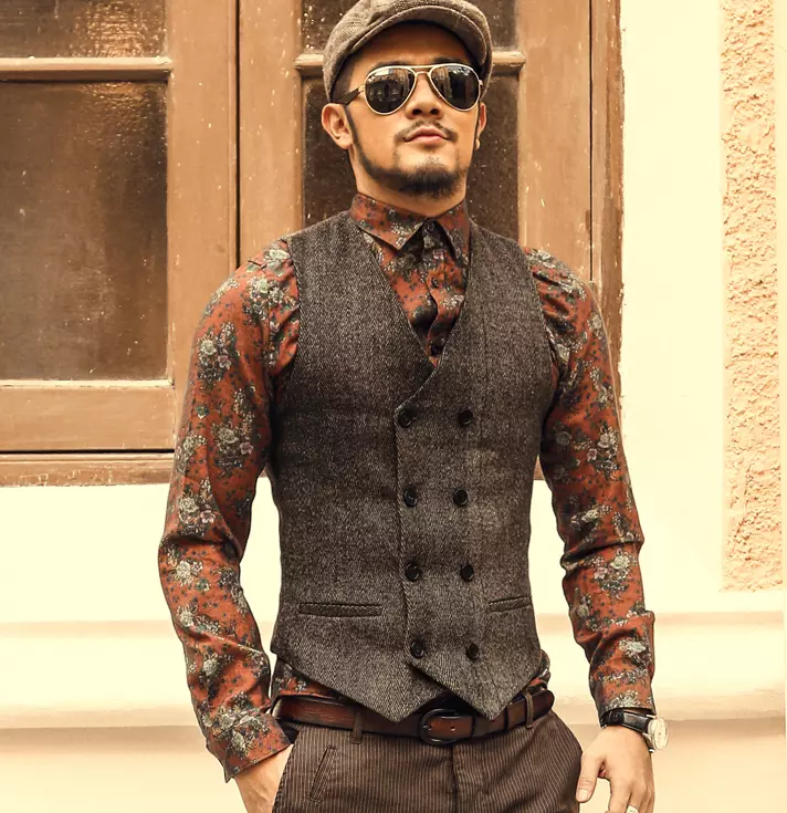 Wedding Vests Brown Herringbone Tweed Tailored Collar Male Gentleman  Business Waistcoat Men Clothing Suit Vest Chalecos size M Color Burgundy