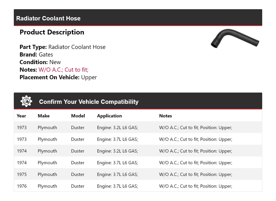Manguera de refrigerante de radiador Plymouth Duster 1973-1976 puertas superiores 1974 1975 Foto 2 de 4