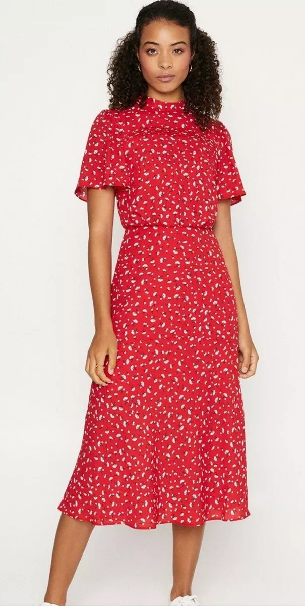 BNWT Oasis Red White Ditsy Hearts Floral Pintucks Midi Long