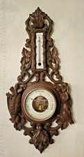 25" Antique Wall Wood Carved Black Forest Hunting Barometer Thermometer 