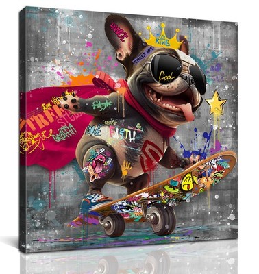 Funny Canvas Wall Art Funky Dog Play Skateboard Graffiti Picture Cool Wall De...