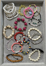 Women's Mixed Lot of 18 Stretch Beaded Bracelets Beads Repurpose Craft Letters