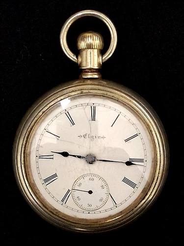 ANTIQUE ELGIN 7557665 PORCELAIN DIAL 7 JEWEL SILVER FINISH CASE POCKET WATCH