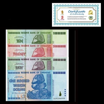 Zimbabwe 10 20 50 100 Trillion Dollars Set of 4 Banknotes UNC AA+ 2008 P-88 P-91 - Image 1 of 4