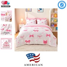 7 Piece Pink Bow Bedding Set for Girls Kids Twin Size Comforter Set with Shee...