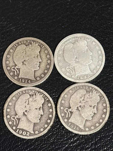 Barber Quarters 90% Silver Lot Of 4 All G to VG 1893 x1-1902-O-1914 & 16