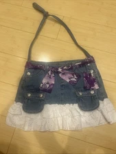 Childs Blue Jean And Ribboned Purse W Purple And White Hand Crafted Homemade