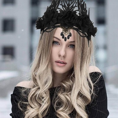 Dark Gothic Floral Headpiece Black Queen Crown Halloween Party Headbands... 