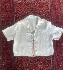 Vintage Light Blue Satin Silk 1940s Bed Jacket with Lace Trim Embroidery Ribbon
