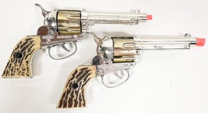 Pair of Vintage Mattel Shootin' Shell Fanner Cap Pistol Toy Replica Revolver