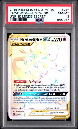 2019 POKEMON SUN & MOON UNIFIED MINDS SECRET #242 FULL ART/MEWTWO & MEW GX PSA 8