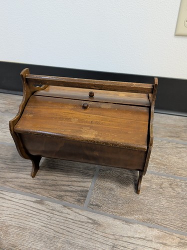 Vintage Wooden Sewing Box Double Flip Flop Doors Handle Thread Rail 12x11x9