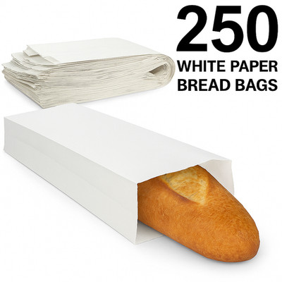 250 White Paper Bread Bags 5.25x3.25x18 Bakery Sub Sandwich Hoagie USA
