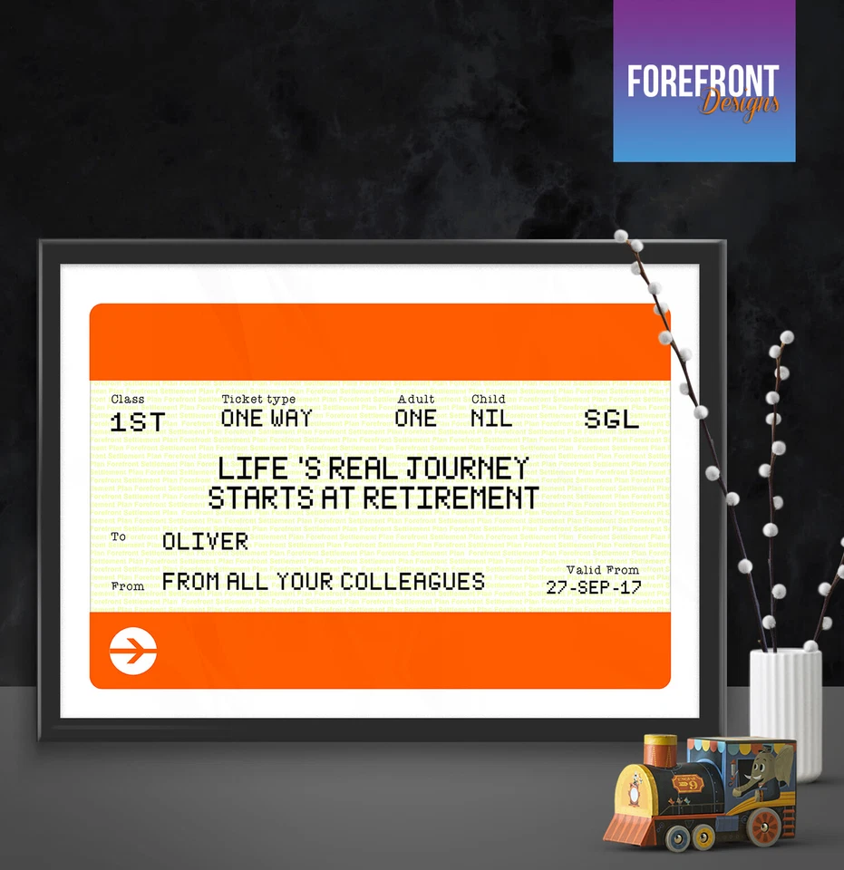 FOREFRONTDESIGNS Personalised RETIREMENT TRAIN TICKET print poster perfect/wedding/engagement