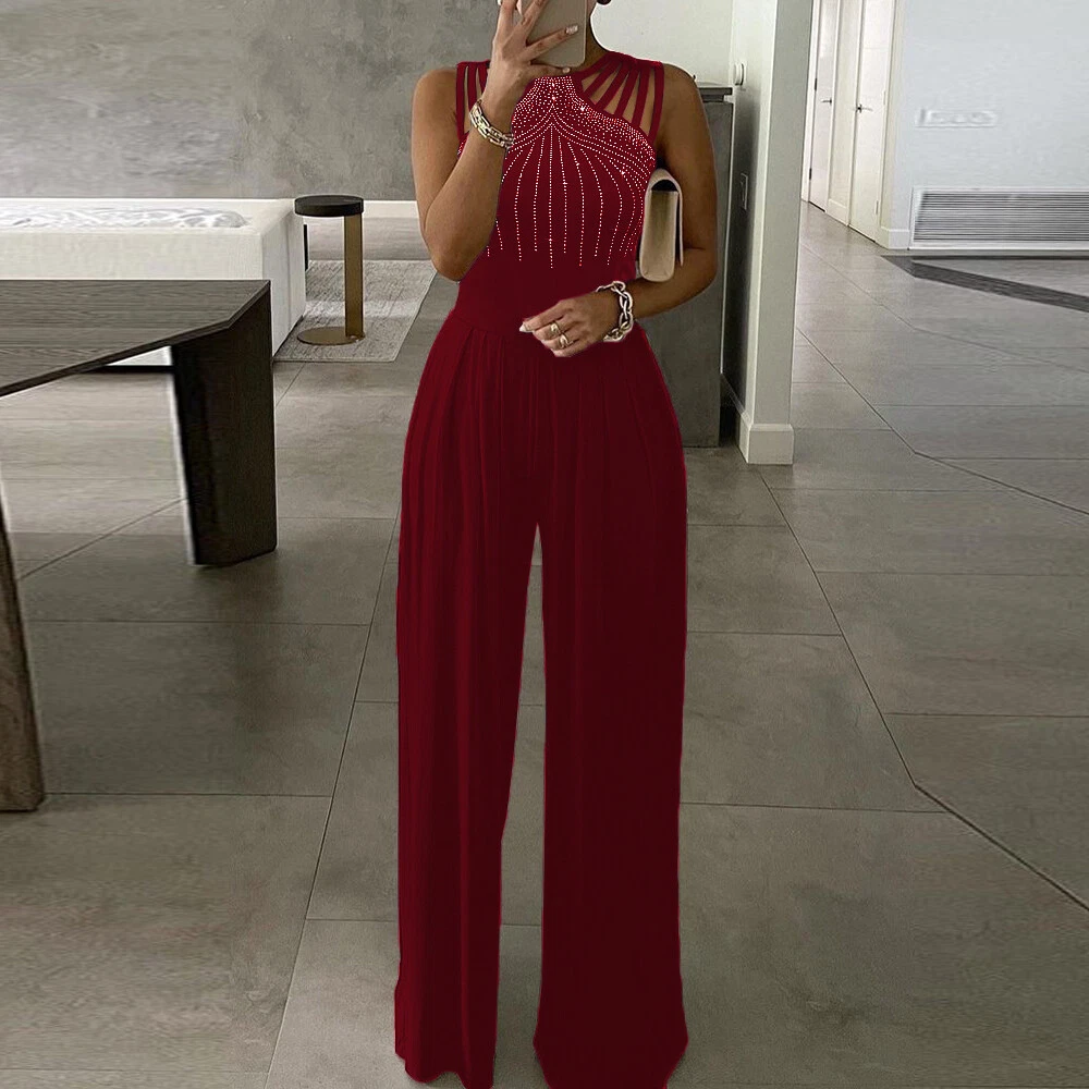 Ladies Sequins Sleeveless Jumpsuit Formal Wide Legs Pants Evening Party  Playsuit