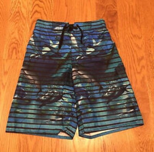 OLD NAVY Blue Shark Striped Boys Swim Trunks Shorts Suit Mesh Liner Size L Large