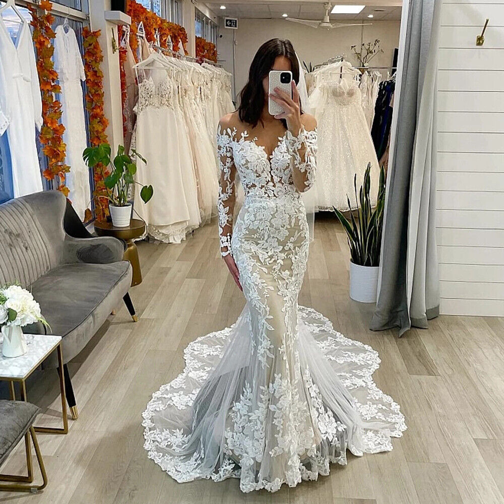 Vintage Wedding Dresses Mermaid Long Sleeves Lace Floral Bridal Gown Sweep Train