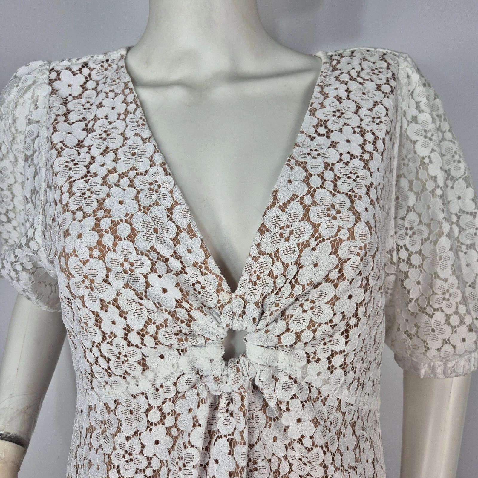 Mini abito donna Michael Kors taglia 8 scollo a V pizzo bianco foderato manica corta (03