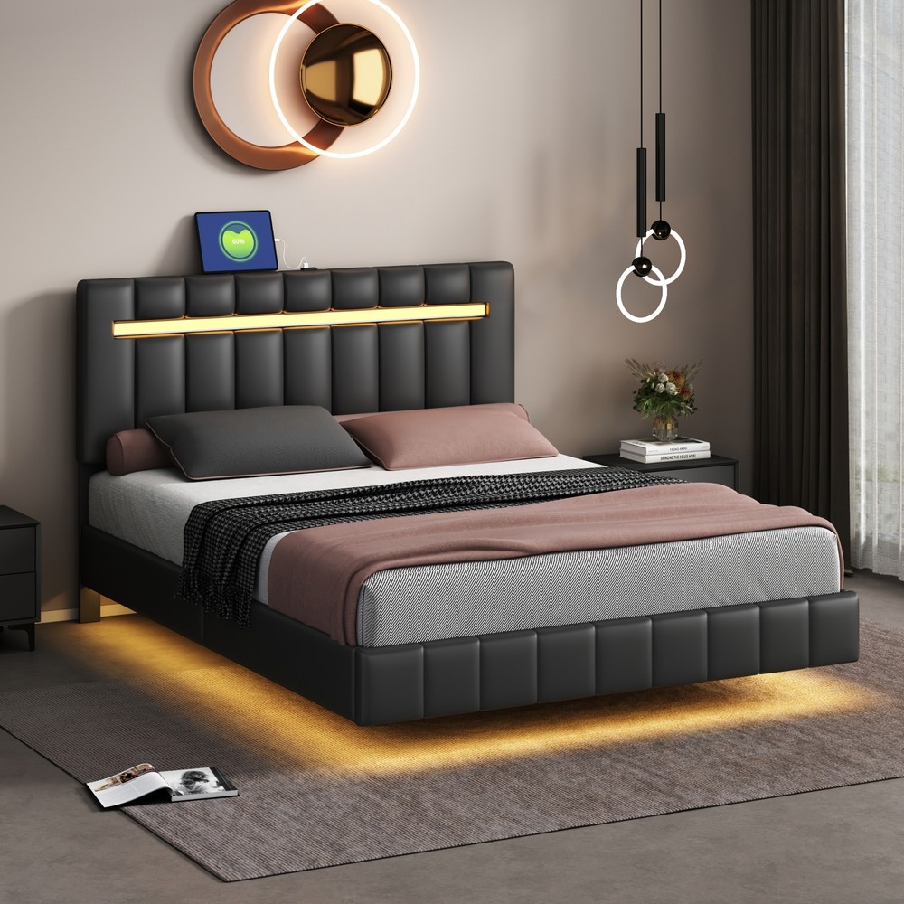 Upholstered Platform With Led Lights Usb Charging