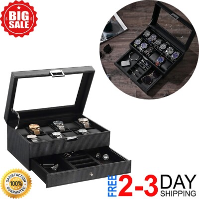 Organizador de caja de reloj Estuche 12 Joyero para hombre Exhibidor Bandeja NEW