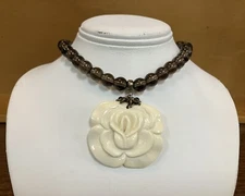 Suzanne Kalan Beaded Necklace Flower Pendant Bone