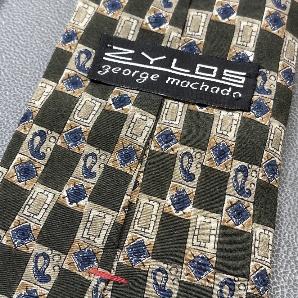 Corbata para hombre ZYLOS George Machado Art Deco seda italiana verde oliva y azul Foto 4 de 4