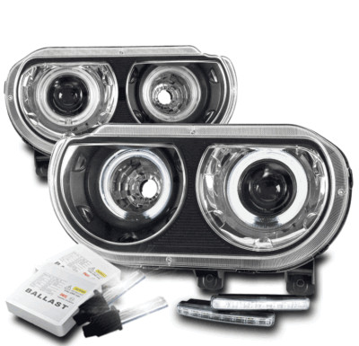 FOR 08-14 CHALLENGER CCFL HALO BLACK PROJECTOR HEADLIGHTS LAMP W/LED DRL+HID KIT