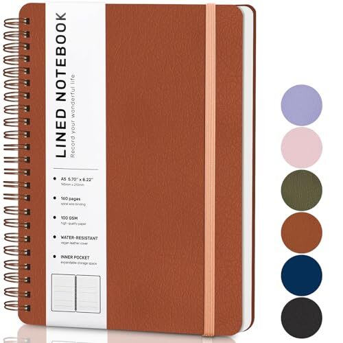 Lined Spiral Journal Notebook, A5 Hardcover Leather Notebook for Work, Brown