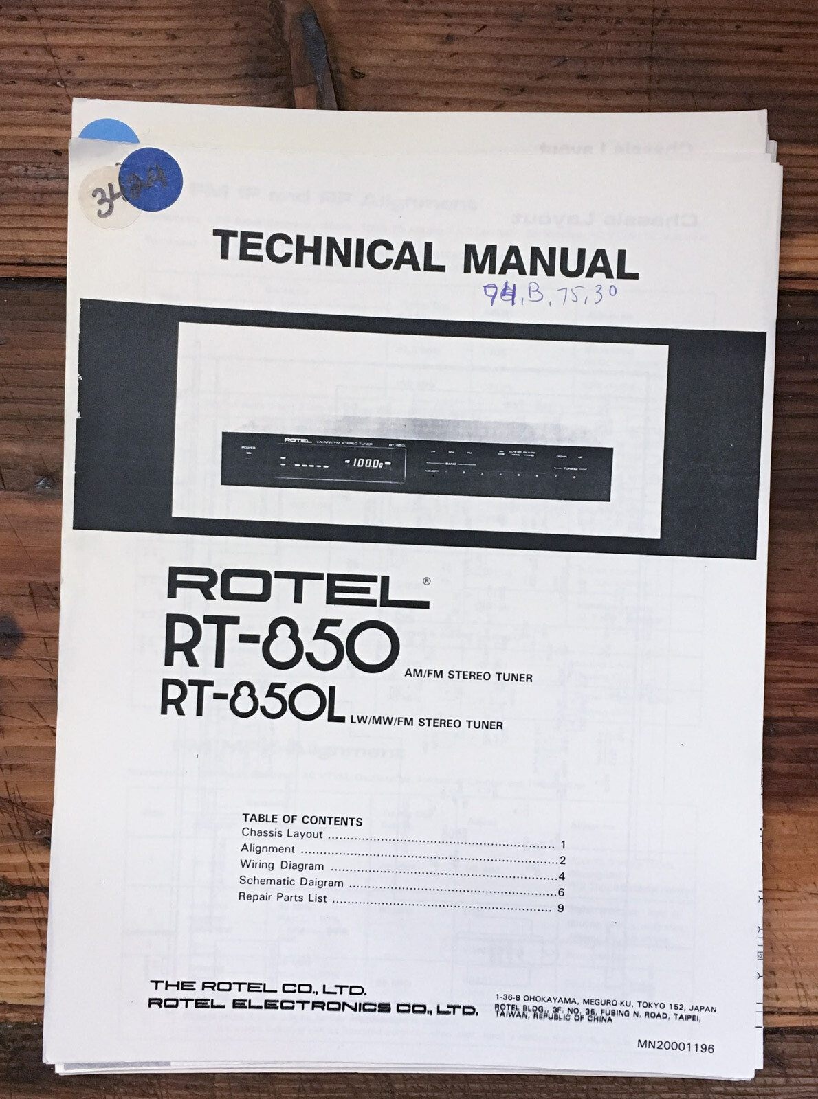Rotel RT-850 RT-850L Tuner  Service Manual *Original*