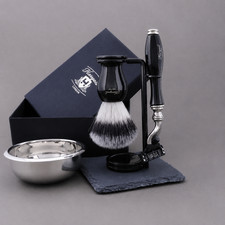 4PC Black Grooming Kit with Silvertip  Shaving Brush,  3 Blade Razor, Stand  Bowl