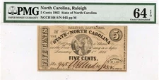 1863 5 Cents Raleigh, NC Obsolete Note State of North Carolina PMG CU64 EPQ
