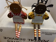 Vintage Shelf Sitter African American Wooden Doll Folk Art Set Of 2 - 4” X 5”